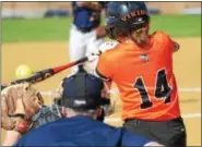  ?? SAM STEWART - DIGITAL FIRST MEDIA ?? Perkiomen Valley’s Gillian Barrie connects with a pitch from Upper Perkiomen’s Taylor Lindsay during the first inning.