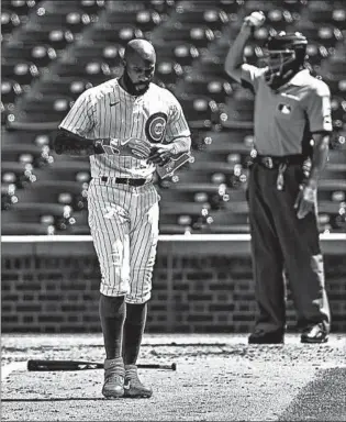  ?? ARMANDO L. SANCHEZ/CHICAGO TRIBUNE ?? The Cubs’ Jason Heyward is upset after a bases-loaded strikeout during the seventh inning Saturday.