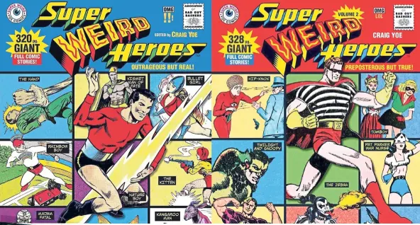  ??  ?? Both volumes of Super Weird Heroes compiled stories about really strange superheroe­s who were created in the past. (Left) Does Airmale need to stick a stamp on himself in order to fly? — Photos: Tribune News Service