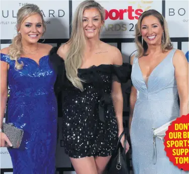  ?? KELVIN BOYES / PRESSEYE ?? Hosts Ruth Gorman and Claire McCollum with MMA fighter Leah McCourt (centre) at the awards ceremony at the Crowne Plaza Hotel in Belfast last night. Below from left: Ann Murphy, Pat Jennings and Paula Mahoney; Sarah Heath, Jackie Reid and Karen McGarvey, and Beth McDaniel and Ellen Watson