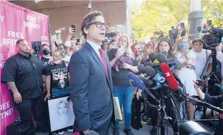  ?? CHRIS PIZZELLO/AP ?? Mathew Rosengart, attorney for singer Britney Spears, speaks Sept. 29 outside the Stanley Mosk Courthouse in Los Angeles.