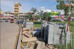  ?? PHA LINA ?? Pallets of pavers sit in a park near Phnom Penh’s Chenla Theatre yesterday, where the municipali­ty is building a recreation area.