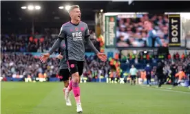  ?? Photograph: Richard Sellers/PA ?? Harvey Barnes celebrates scoring Leicester’s equaliser only two minutes after Leeds had taken the lead.