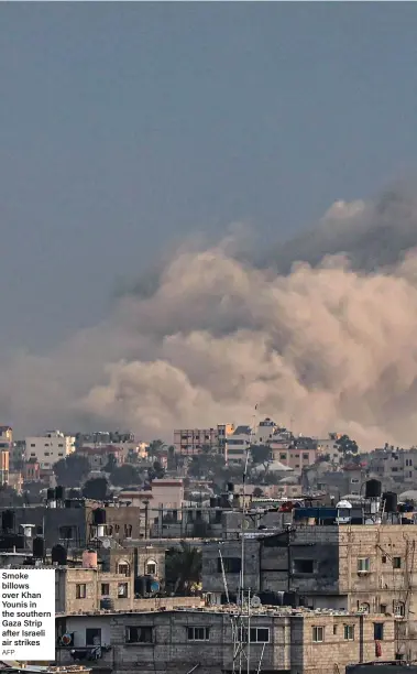  ?? AFP ?? Smoke billows over Khan Younis in the southern Gaza Strip after Israeli air strikes