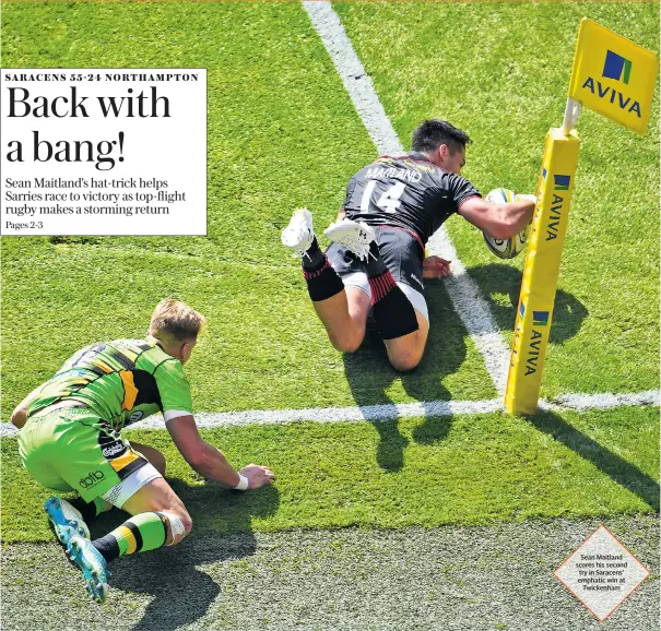  ??  ?? Sean Maitland scores his second try in Saracens’ emphatic win at Twickenham