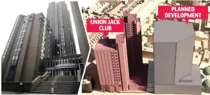  ?? ?? Before and after: The Union Jack Club, left, and how the new block, far right, would block views