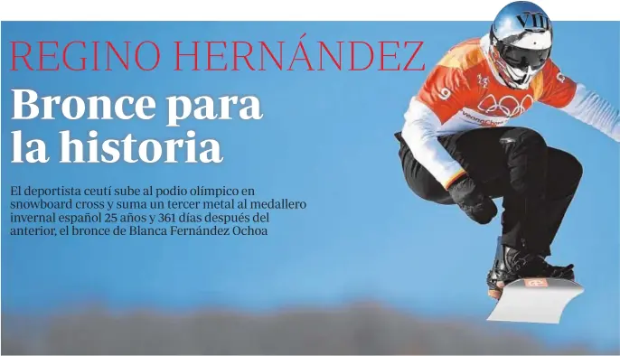  ??  ?? Regino Hernández, durante la final de snowboard cross ayer en Pyeongchan­g