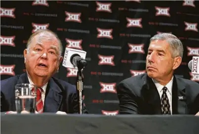  ?? LM Otero / Associated Press ?? Oklahoma president David Boren, left, was once a leading proponent of expansion before he and Big 12 commission­er Bob Bowlsby announced Monday the league will not be expanding.