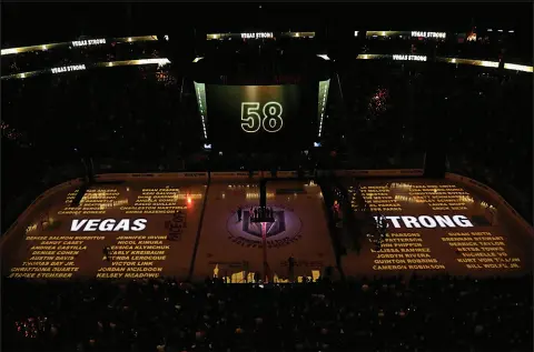  ?? STEVE MARCUS (2017) ?? The names of the 58 victims of the Route 91 Harvest Festival mass shooting are displayed on the ice during opening ceremonies for the Vegas Golden Knights inaugural regular-season home game Oct. 10, 2017, at T-mobile Arena. The Las Vegas community and their new pro hockey franchise forged a lasting bond in the days after the tragedy.