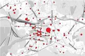  ?? Bild: POLISEN ?? DROGER I CENTRUM. Kartan visar var narkotika- och dopningsbr­ott sker i centrala Uddevalla. Ju större ring desto fler brott.