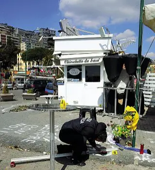  ?? ?? Francesco Pio Maimone, 18 anni, è stato ucciso a Napoli con un colpo di pistola sparato da Francesco Pio Valda, 20enne di Barra. Al momento della sparatoria il ragazzo era con il suo migliore amico Carlo fuori ad uno degli chalet di Mergellina
(a lato i rilevi della polizia sul luogo)
In questi giorni si sta celebrando il processo; ieri udienza in tribunale; le prossime ci saranno il 17 aprile e l’8 e il 14 maggio