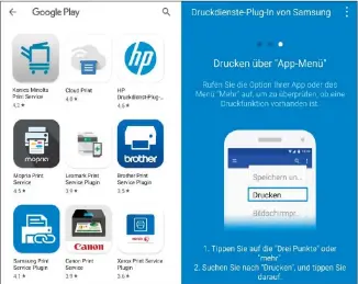  ??  ?? Zum Drucken vom Mobilgerät aus installier­en Sie zunächst die Print-app des Druckerher­stellers (links); danach erfolgt meist automatisc­h das Erkennen und Einrichten des Geräts (rechts).