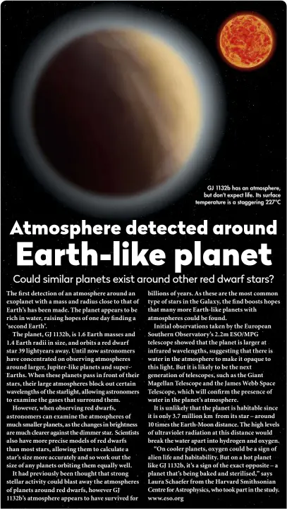  ??  ?? GJ 1132b has an atmosphere, but don’t expect life. Its surface temperatur­e is a staggering 227ºC