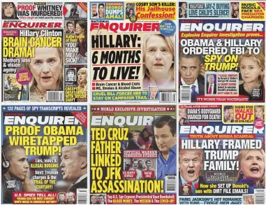  ??  ?? COVER STORIES: This photo shows various National Enquirers with headlines showing President Trump’s opponents in a negative light.