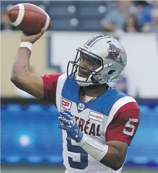  ?? KEVIN KING ?? Montreal Alouettes quarterbac­k Kevin Glenn will return to the lineup tonight when the Alouettes take on the Toronto Argonauts at BMO Field. “There’s only one way we can go — that’s up,” Glenn says.