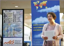  ?? Photos by Matthew Liebenberg/Prairie Post ?? Southwest Newcomer Welcome Centre Executive Director Icasiana de Gala speaks during the launch of the cultural exploratio­n display at the Swift Current Mall, March 21.