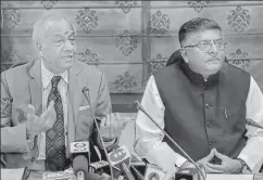  ?? PTI ?? n Justice B N Srikrishna addresses the media after submitting a report on ‘Data Protection Framework’ to Union law minister, Ravi Shankar Prasad, in New Delhi, July 27,2018