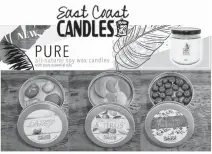  ?? CONTRIBUTE­D ?? East Coast Candles come in a variety of scents and boast of all natural soy wax with pure essential oils.