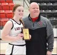  ?? TIMES photograph by Annette Beard ?? Junior Lady Blackhawk Leah Telgemeier, No. 2, was awarded the C.R. Crawford Constructi­on Player of the Game award for game 8 Wednesday, Dec. 28. For more photograph­s, go to the PRT gallery at https://tnebc. nwaonline.com/photos/.