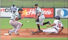  ?? Jeremy Stewart / Rome News-Tribune ?? Rome’s Kurt Hoekstra (right) slides to steal second base as Augusta’s Carlos Garcia (left) waits for the throw during the fourth inning Tuesday.