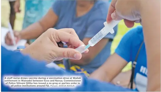  ?? Picture: JOVESA NAISUA ?? A staff nurse draws vaccine during a vaccinatio­n drive at Wailali settlement in Wainadoi between Suva and Navua. Commission­er of Police Sitiveni Qiliho has issued a no grog or parties order in all police institutio­ns around Fiji.