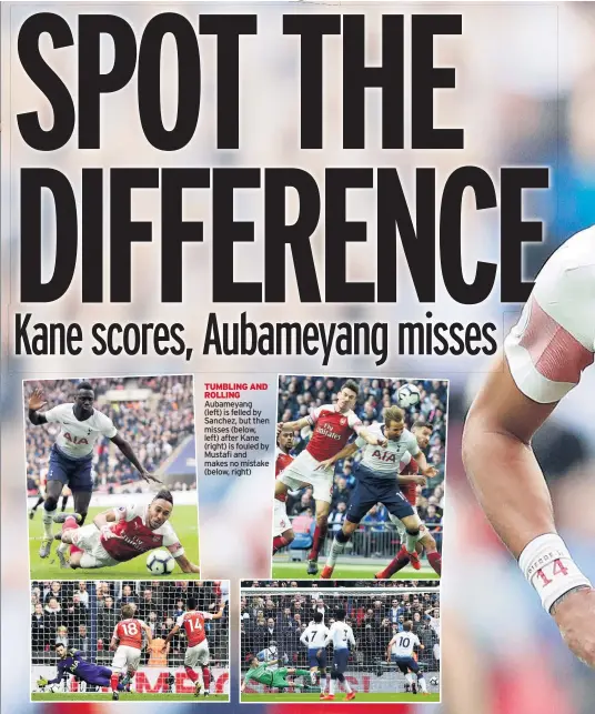  ??  ?? TUMBLING AND ROLLING Aubameyang (left) is felled by Sanchez, but then misses (below, left) after Kane (right) is fouled by Mustafi and makes no mistake (below, right)
