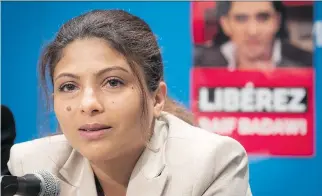  ?? PIERRE OBENDRAUF ?? Ensaf Haidar, wife of jailed Saudi dissident Raif Badawi, told a press conference Monday that she hopes other municipali­ties across Quebec will join the movement to push for her husband’s release.