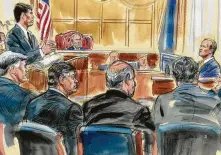  ?? Dana Verkoutere­n / Associated Press ?? Rick Gates, right, answers questions by prosecutor Greg Andres as he testifies in the trial of Paul Manafort, seated second from left. U.S. District Judge T.S. Ellis III presides.