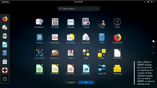  ??  ?? Here is Debian’s GNOME desktop, but you are free to install one of a number of other desktops instead of or as well as GNOME, or even no desktop at all.