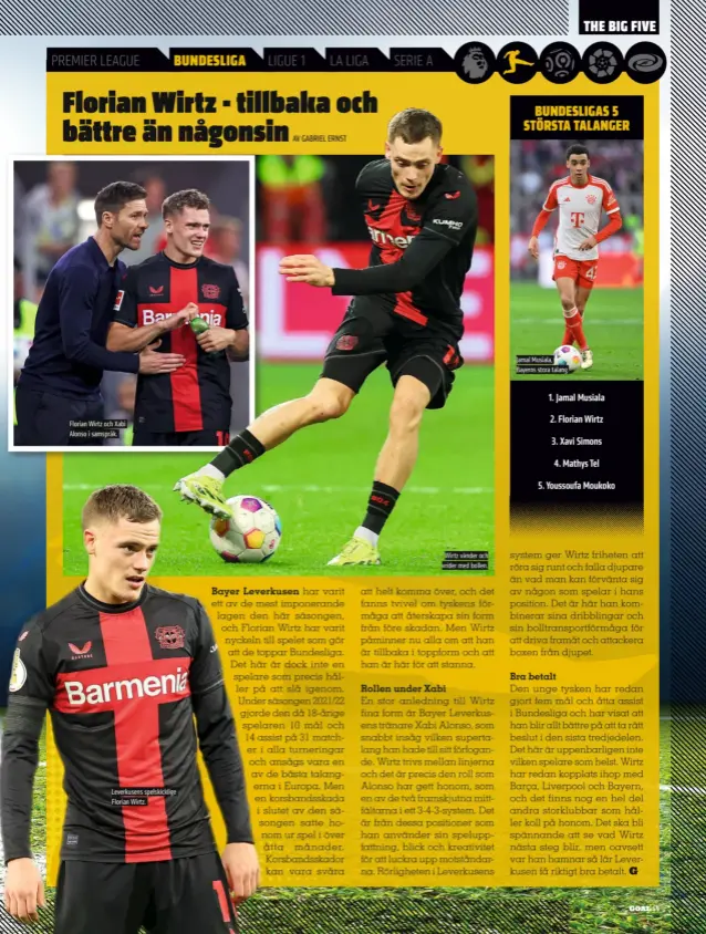  ?? ?? Florian Wirtz och Xabi Alonso i samspråk.
Leverkusen­s spelskickl­ige Florian Wirtz.
Wirtz vänder och vrider med bollen.