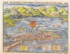  ?? FOTO: STADTARCHI­V LINDAU ?? Blick auf Lindau, im Hintergrun­d Fussach und das Rheintal, aus der Chronik des Sebastian Münster in der deutschen Ausgabe von 1545.