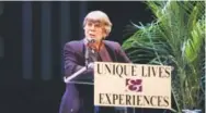  ??  ?? Sue O’Brien introduces Barbara Bush at the Unique Lives & Experience­s lecture in March 2003. O’Brien died later that year. Kent Meireis, Special to The Denver Post