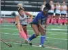  ?? KYLE FRANKO — TRENTONIAN PHOTO ?? Robbinsvil­le’s Daphee Luong, left, defends against Princeton Day’s Jadyn Huff, right, during a Mercer County Tournament field hockey quarterfin­al game.