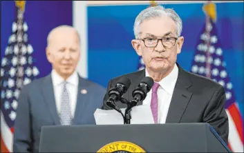  ?? Susan Walsh The Associated Press ?? Federal Reserve Chairman Jerome Powell speaks Monday after President Joe Biden announced Powell’s nomination for a second four-year term as Federal Reserve chair, during an event on the White House complex in Washington.