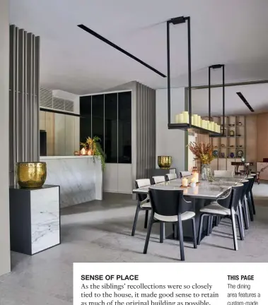  ??  ?? THIS PAGE
The dining area features a custom-made table with Tendo Mokko chairs; a marble island counter in the kitchen creates a space to gather