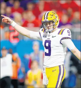  ?? TODD KIRKLAND/GETTY ?? Joe Burrow #9 of the LSU Tigers threw for 493 yards against Oklahoma in the Peach Bowl. The Tigers will face the winner of Clemson vs. Ohio State in New Orleans on Jan. 13.