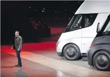  ?? VERONIQUE DUPONT/AFP/GETTY IMAGES ?? Tesla chairman and CEO Elon Musk unveils the new electric Semi truck for buyers and journalist­s last week.