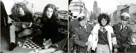  ??  ?? Rainer Langhans 1969 zusammen mit Uschi Obermaier in München und in Berlin 1967, als er bei einer Demonstrat­ion abgeführt wird.