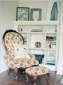  ??  ?? A pillow on a chair embroidere­d with a quote from Zelda Fitzgerald: “She refused to be bored chiefly because she wasn’t boring.”