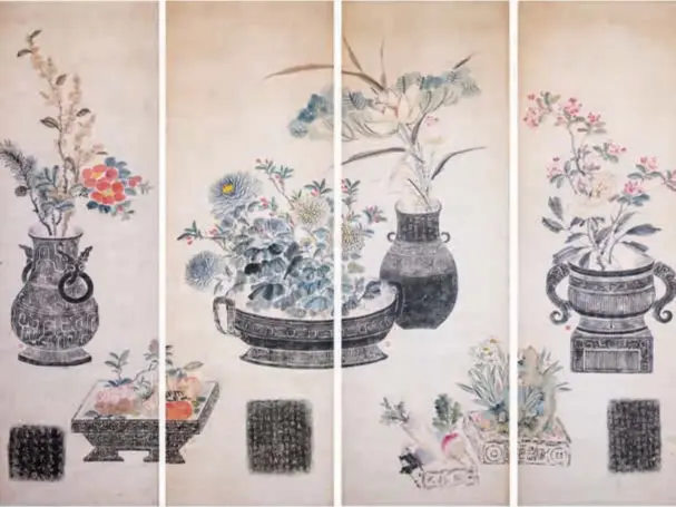  ?? ?? “Rubbings of Ding (bronze vessels) and Flowers” by Qing Dynasty artist Xie Yong. Renowned for his expertise in seal carving, particular­ly in engraving stone tablets, Xie is celebrated as the foremost epigrapher in the Jiangnan region. — Photos courtesy of Jiading Museum