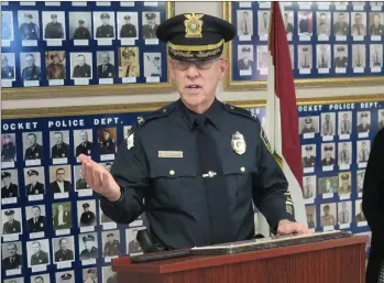  ?? Photos by Joseph B. Nadeau/The Call ?? The Woonsocket Police Department was presented an accreditat­ion plaque by Col. Stephen McCartney, chief of the Warwick Police Department, shown here sharing a few words prior to handing off the plaque.