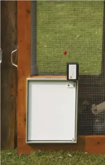  ??  ?? Automatic coop door openers offer convenienc­e to keepers and security to chickens.