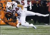  ?? AMANDA LOMAN — THE ASSOCIATED PRESS FILE ?? Stanford tight end Colby Parkinson (84) is brought down by Oregon State outside linebacker Hamilcar Rashed Jr. (9) during the second half Sept. 28, 2019, in Corvallis, Ore.