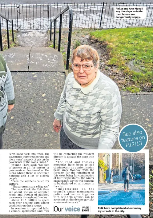  ??  ?? Philip and Ann Mayall say the steps outside their house are dangerousl­y slippy.
Folk have complained about many icy streets in the city.