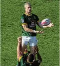  ?? Picture: Martin Dokoupil/Getty Images ?? Ryan Oosthuizen of South Africa jumps for the ball in a match against Canada during the HSBC SVNS rugby in Dubai.