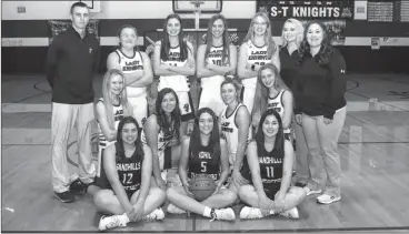  ?? Adamson Studios ?? The 2020-2021 Sandhills-Thedford Girls Basketball Team from Bottom Row Left are: Emily Martindale, Ariel Bryant, and Madiosn Marten. Second Row: Charlsie Teahon, Cylee Jameson, Brea Branic, and Taylor Weber. Thrid Row; Head Coach Josh Deines, Ella Stithem, Emily Leach, Tenley Rasmussen, Dayle Haake, Assitant Coaches Haley Savala, and Caitlin Ellis. Not Pictured: La Tajanae Robinson.