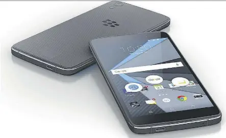  ??  ?? BlackBerry has released a new mid-range touchscree­n Android smartphone, the DTEK50, in hopes of changing the company’s flagging hardware fortunes. Officials say a handset with BlackBerry’s trademark keyboard is coming.
