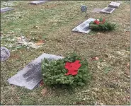  ?? BILL DEBUS - THE NEWS-HERALD ?? These are two of about 650wreaths that were placed on veterans’ graves at Evergreen Cemetery in Painesvill­e on Dec. 19during a Wreaths Across America event.