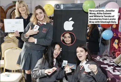  ??  ?? Vera Loriente, Jennifer Wang, Aliha Saleem and Wikioria Tanska of Accellerie­s from Loreto Bray with Sheelagh Daly.