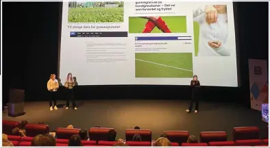  ?? FOTO: PRIVAT ?? MOTIVASJON: - Dette gir oss motivasjon til å fortsette, sier jentene i ungdomsbed­rifter. Her pitches ideen inn av Hedda Olsen, Mathilde Stabell og Mathea Johansen.